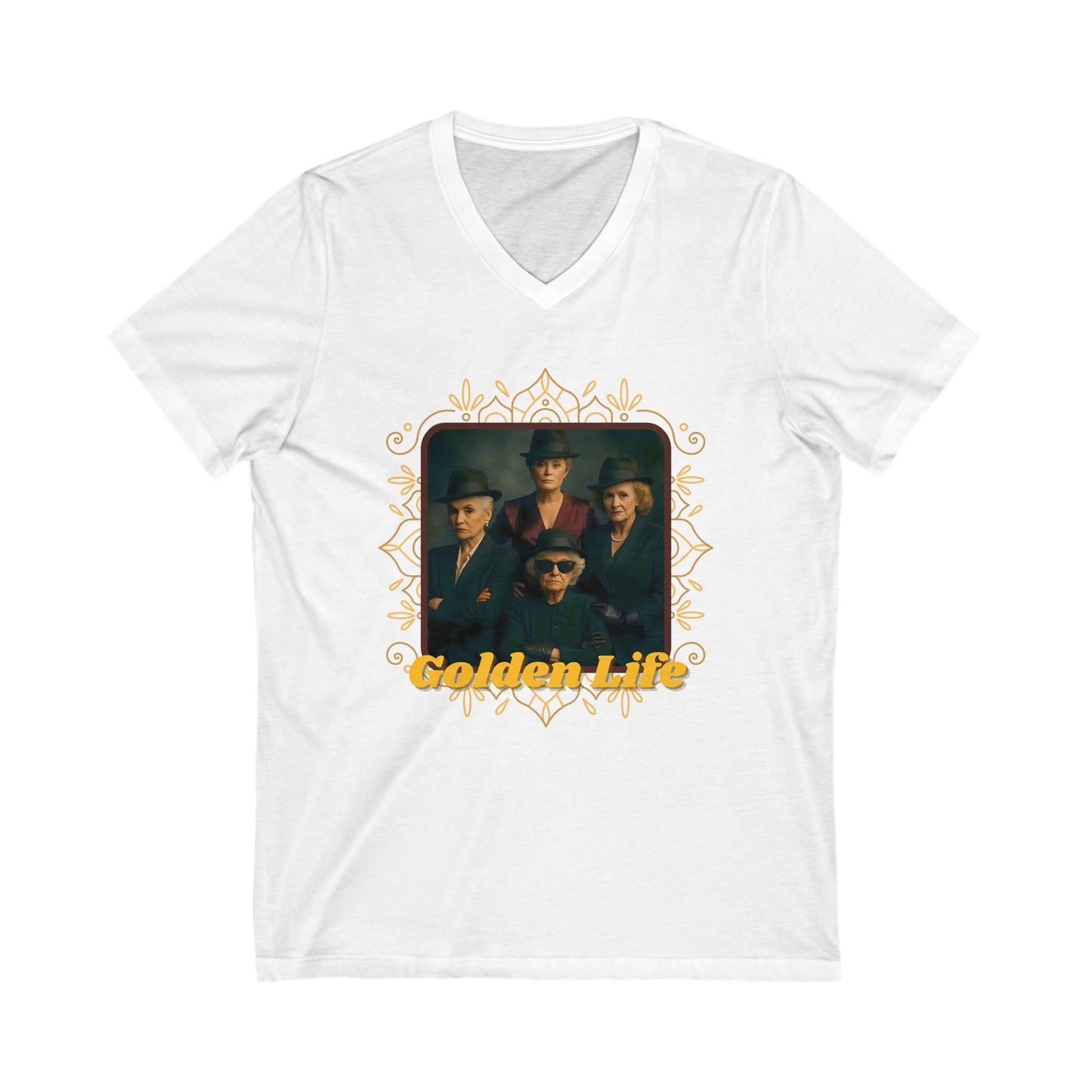 Retro V-Neck Tee with 'Golden Life' Design, Unisex Casual Shirt, Vintage Style, Perfect for Parties, Gift for Music Lovers
