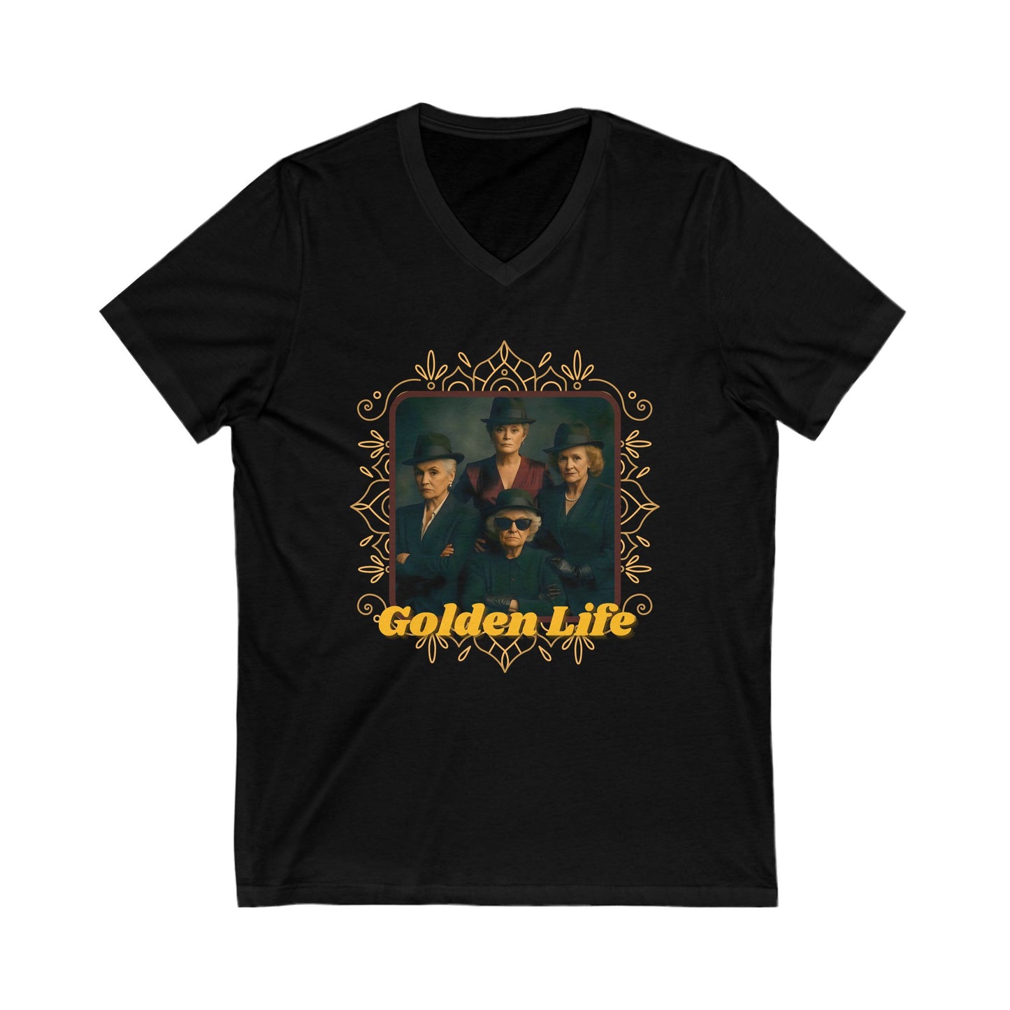 Retro V-Neck Tee with 'Golden Life' Design, Unisex Casual Shirt, Vintage Style, Perfect for Parties, Gift for Music Lovers