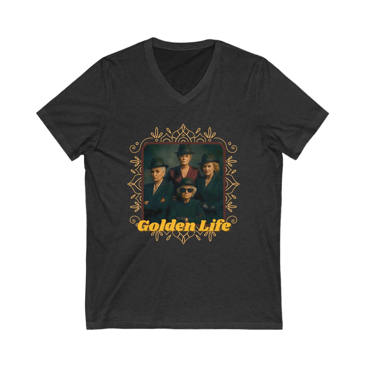 Retro V-Neck Tee with 'Golden Life' Design, Unisex Casual Shirt, Vintage Style, Perfect for Parties, Gift for Music Lovers