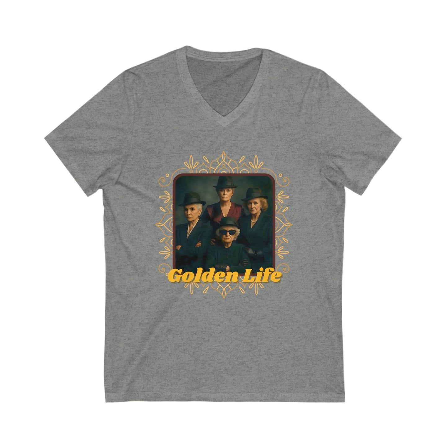 Retro V-Neck Tee with 'Golden Life' Design, Unisex Casual Shirt, Vintage Style, Perfect for Parties, Gift for Music Lovers