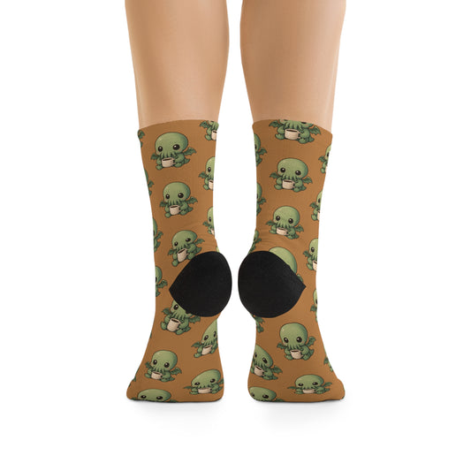 Eco-Friendly Cthulhu Coffee Print Socks, Fun Casual Footwear, Gift for Sea Lovers, Unique Sustainable Fashion, Perfect for Everyday Wear