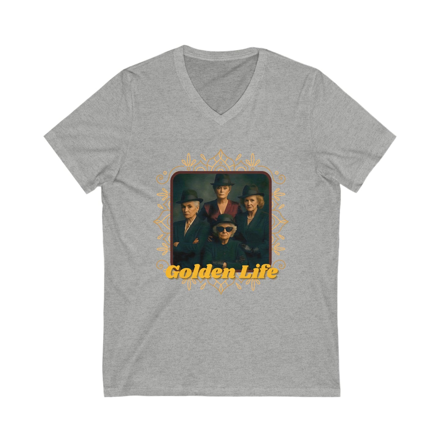 Retro V-Neck Tee with 'Golden Life' Design, Unisex Casual Shirt, Vintage Style, Perfect for Parties, Gift for Music Lovers