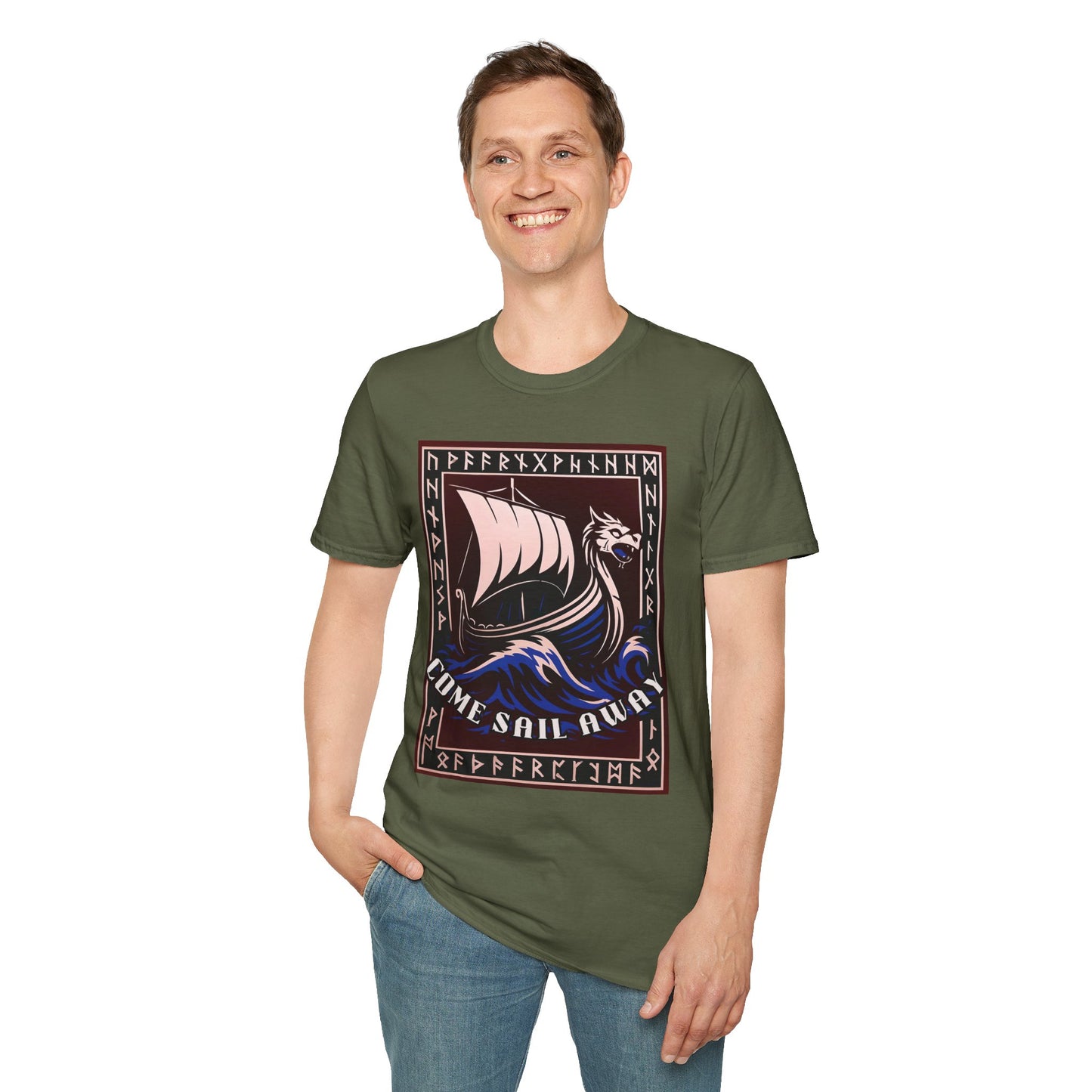 Nordic Runes Viking Ship - Unisex Softstyle T-Shirt