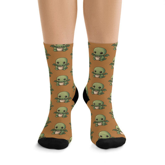 Eco-Friendly Cthulhu Coffee Print Socks, Fun Casual Footwear, Gift for Sea Lovers, Unique Sustainable Fashion, Perfect for Everyday Wear