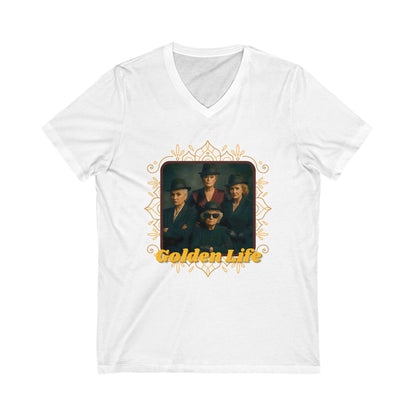 Retro V-Neck Tee with 'Golden Life' Design, Unisex Casual Shirt, Vintage Style, Perfect for Parties, Gift for Music Lovers
