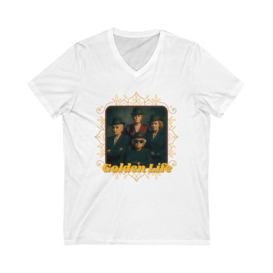 Retro V-Neck Tee with 'Golden Life' Design, Unisex Casual Shirt, Vintage Style, Perfect for Parties, Gift for Music Lovers