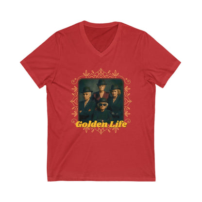 Retro V-Neck Tee with 'Golden Life' Design, Unisex Casual Shirt, Vintage Style, Perfect for Parties, Gift for Music Lovers