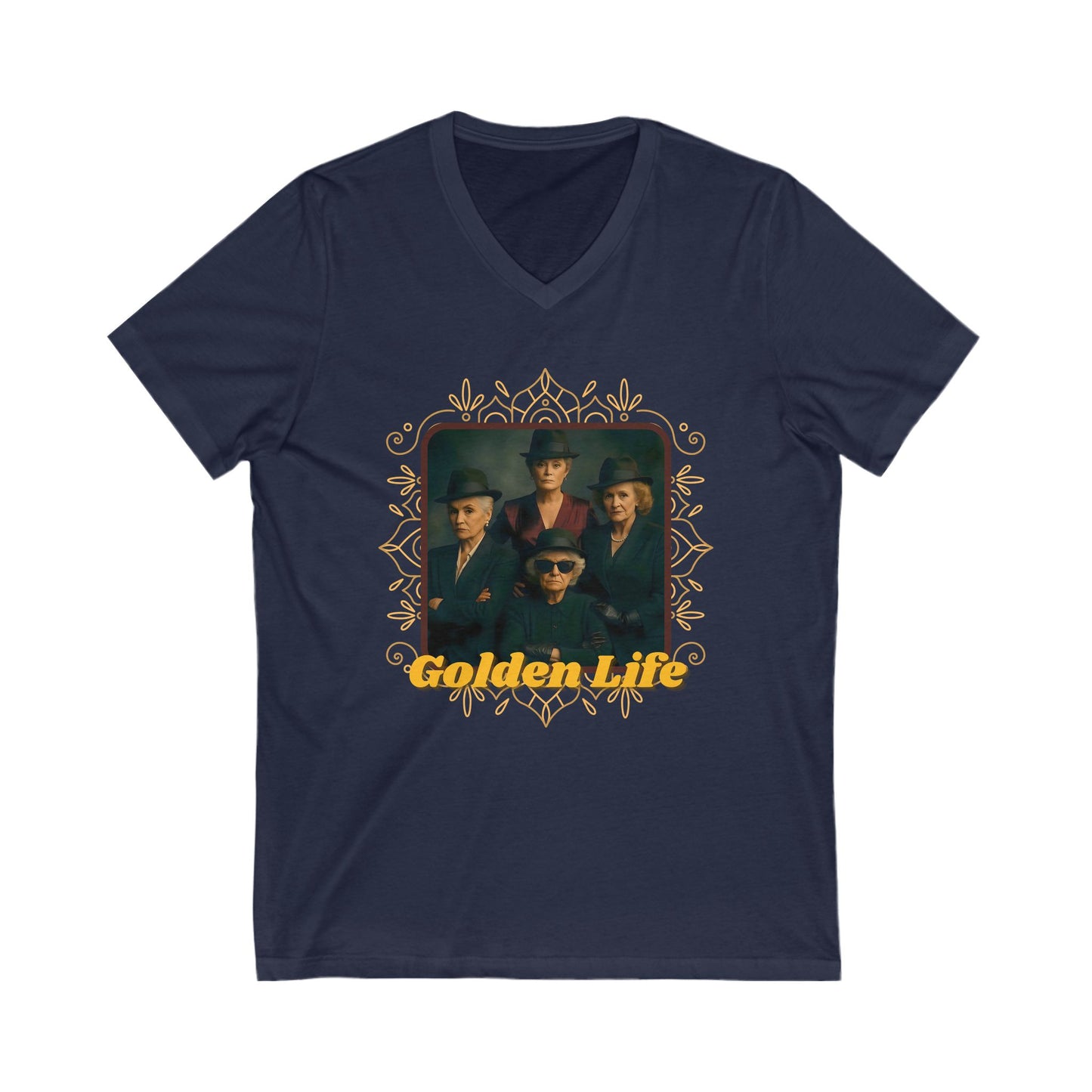 Retro V-Neck Tee with 'Golden Life' Design, Unisex Casual Shirt, Vintage Style, Perfect for Parties, Gift for Music Lovers