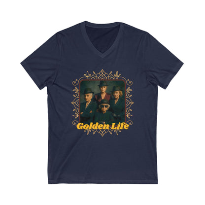 Retro V-Neck Tee with 'Golden Life' Design, Unisex Casual Shirt, Vintage Style, Perfect for Parties, Gift for Music Lovers