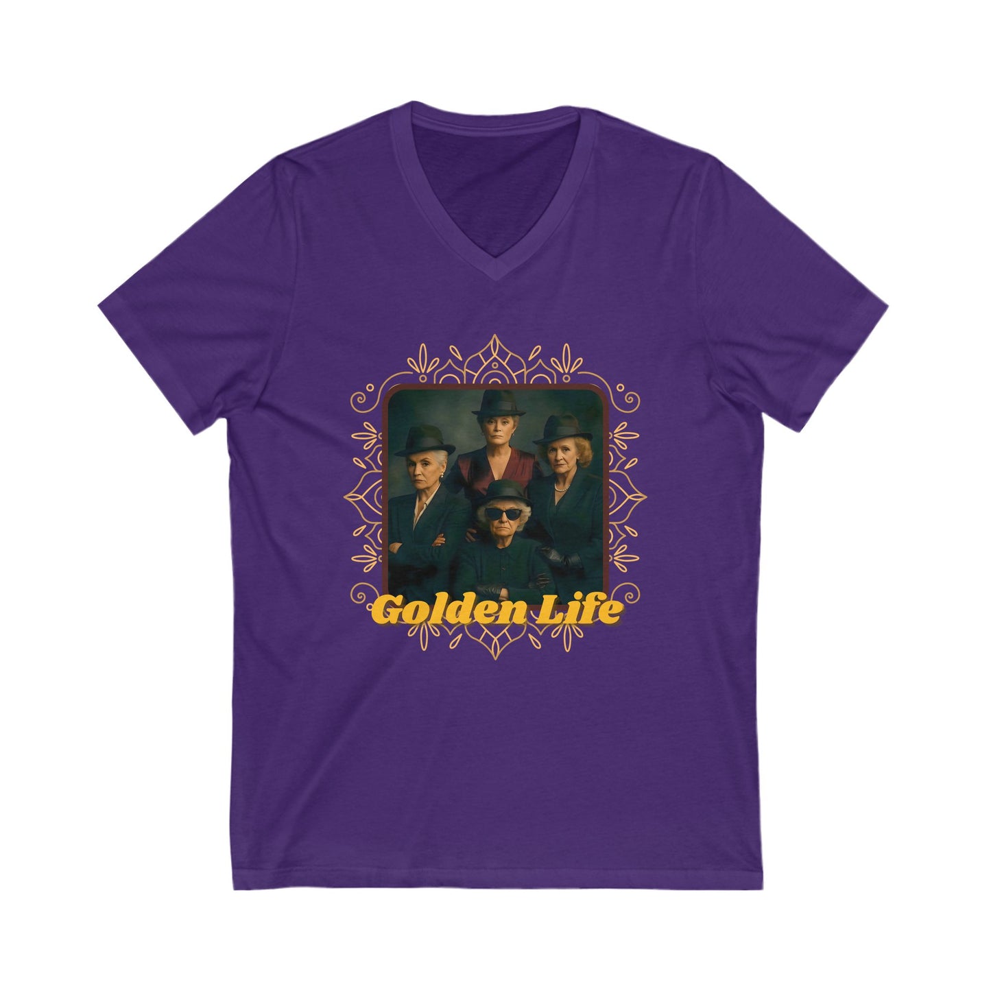 Retro V-Neck Tee with 'Golden Life' Design, Unisex Casual Shirt, Vintage Style, Perfect for Parties, Gift for Music Lovers