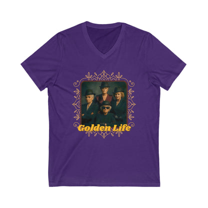 Retro V-Neck Tee with 'Golden Life' Design, Unisex Casual Shirt, Vintage Style, Perfect for Parties, Gift for Music Lovers