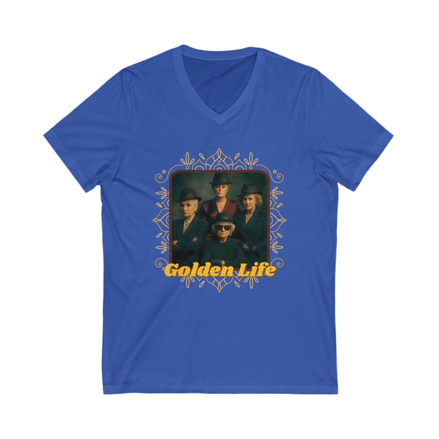Retro V-Neck Tee with 'Golden Life' Design, Unisex Casual Shirt, Vintage Style, Perfect for Parties, Gift for Music Lovers