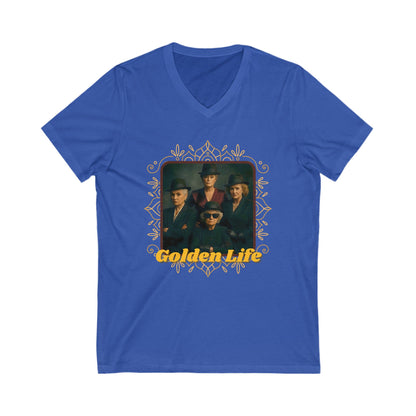 Retro V-Neck Tee with 'Golden Life' Design, Unisex Casual Shirt, Vintage Style, Perfect for Parties, Gift for Music Lovers
