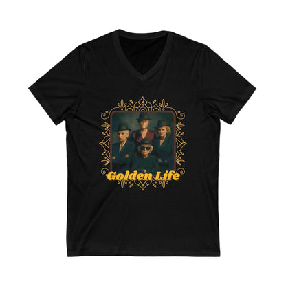 Retro V-Neck Tee with 'Golden Life' Design, Unisex Casual Shirt, Vintage Style, Perfect for Parties, Gift for Music Lovers