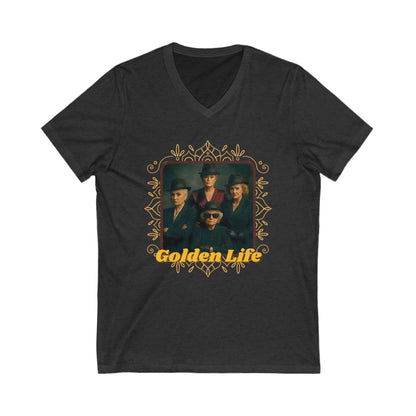 Retro V-Neck Tee with 'Golden Life' Design, Unisex Casual Shirt, Vintage Style, Perfect for Parties, Gift for Music Lovers