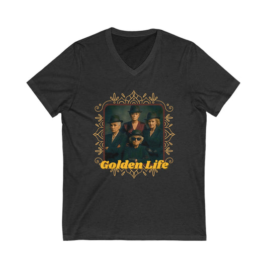Retro V-Neck Tee with 'Golden Life' Design, Unisex Casual Shirt, Vintage Style, Perfect for Parties, Gift for Music Lovers
