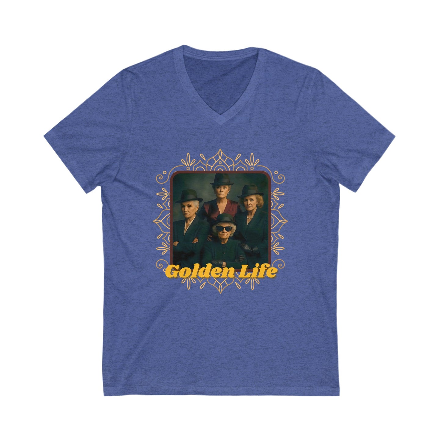Retro V-Neck Tee with 'Golden Life' Design, Unisex Casual Shirt, Vintage Style, Perfect for Parties, Gift for Music Lovers