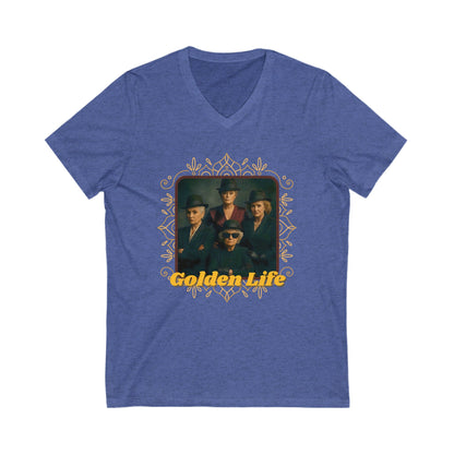 Retro V-Neck Tee with 'Golden Life' Design, Unisex Casual Shirt, Vintage Style, Perfect for Parties, Gift for Music Lovers
