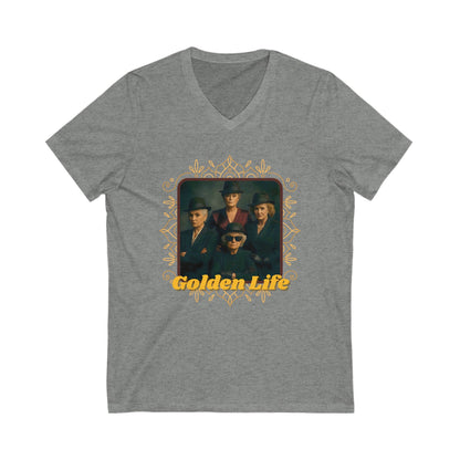 Retro V-Neck Tee with 'Golden Life' Design, Unisex Casual Shirt, Vintage Style, Perfect for Parties, Gift for Music Lovers
