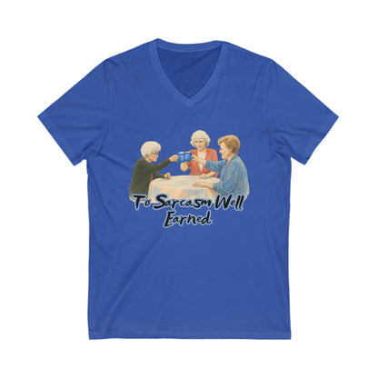 Sarcasm Earned V-Neck T-Shirt, Funny Tee, Gift for Sarcastic Friends, Family Humor Shirt, Casual Wear, Birthday Gift, Celebration Tee