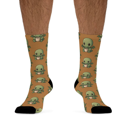 Eco-Friendly Cthulhu Coffee Print Socks, Fun Casual Footwear, Gift for Sea Lovers, Unique Sustainable Fashion, Perfect for Everyday Wear