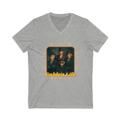Retro V-Neck Tee with 'Golden Life' Design, Unisex Casual Shirt, Vintage Style, Perfect for Parties, Gift for Music Lovers